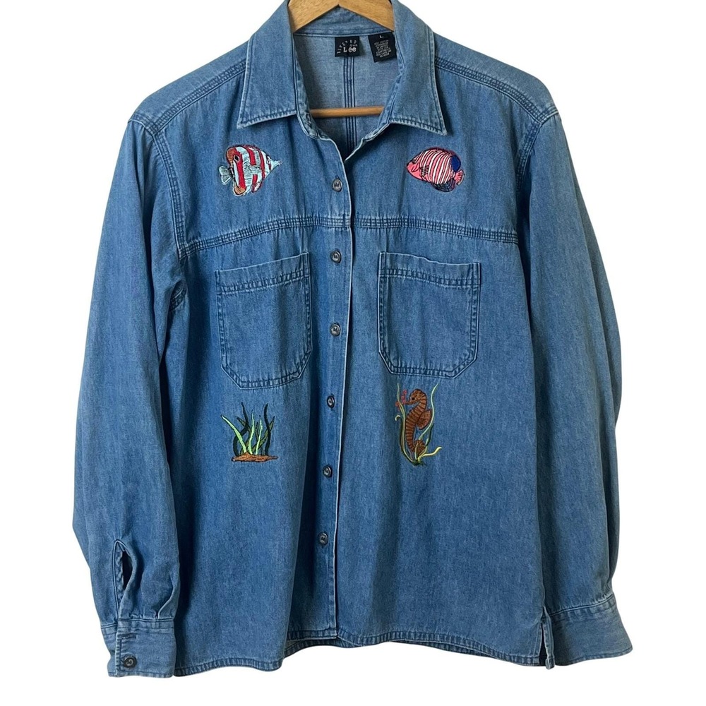Lee Denim Embroidered Sealife Fish Jean‎ Shirt Button VTG Riveted Large Woman's